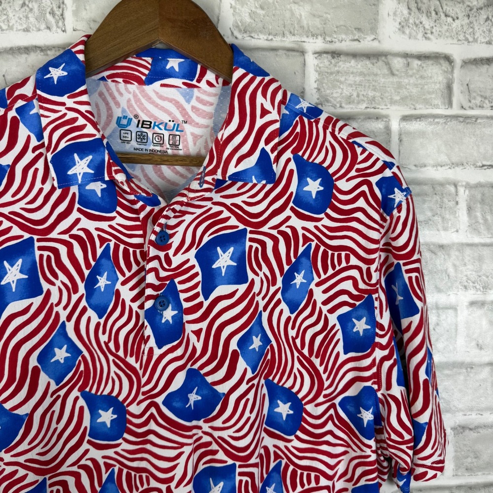 IBKUL Mens Polo Shirt Large Patriotic USA Stars Stripes UPF 50+ Cooling Golf